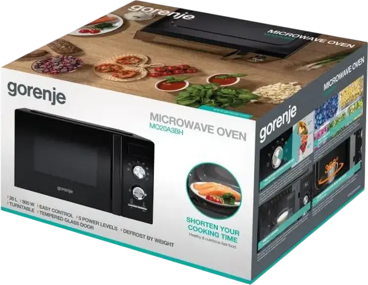 Cuptor cu microunde Gorenje MO20A3BH, Capacitate 20L, Putere 800W, 8 Programe Automate, Defrost prin Greutate, Interior Esmaltat, Culoare: Negru, Usă din Sticlă Temperată