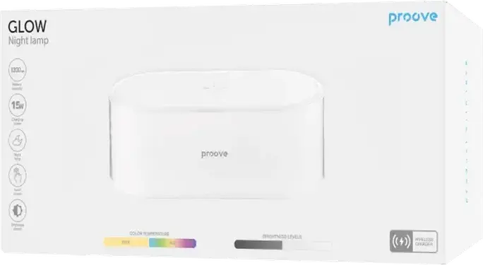 Lampă de noptă LED Proove Glow cu Încărcător Wireless, Control Tactil, Lumini RGB și Alb Cald 3500K, Baterie 1200mAh, USB Type-C, ABS, Albă