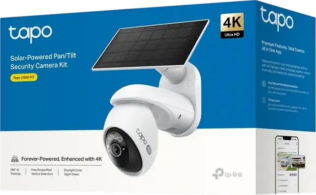 TP-Link Tapo C660 KIT Solar Powered 4K 8MP Pan/Tilt Security Camera, IP65 Weatherproof, Starlight Color Night Vision, AI Detection, Wi-Fi 6, White