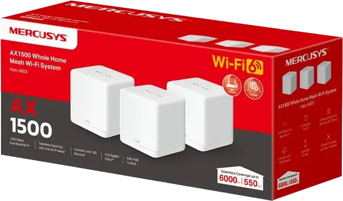 Mercusys Halo H60X AX1500 Wi-Fi 6 Mesh System, Dual-Band 1201 Mbps, Seamless Roaming, MU-MIMO, OFDMA, Parental Controls, Coverage up to 550 m², White