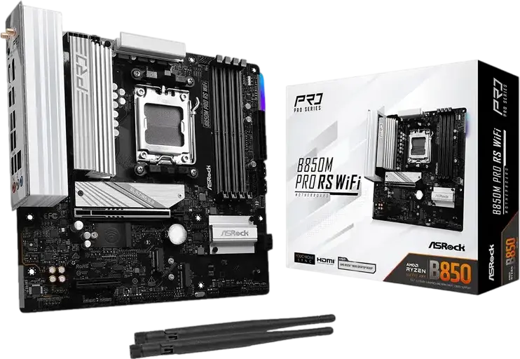 Материнская плата ASRock B850M PRO RS WIFI Micro-ATX для AMD Ryzen серий 9000 8000 7000, Socket AM5, DDR5 8000+ МГц, PCIe 5.0, WiFi 6E, 2.5G LAN, B850