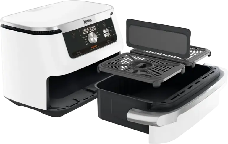 Friteuza cu aer cald Ninja AF500EUWH Foodi FlexDrawer, 10.4L DualZone și MegaZone, 2470W, Funcții Max Crisp, Coacere, Deshidratare, Sync și Match