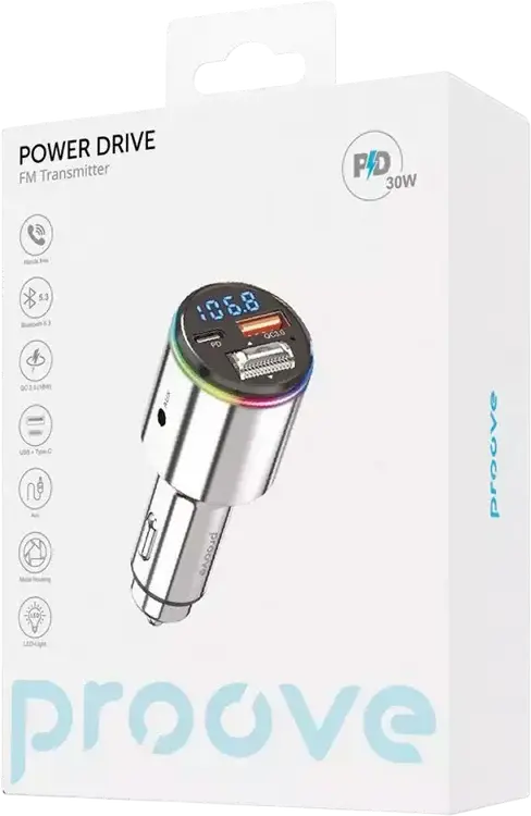 Transmitător FM Proove Power Drive Bluetooth 5.3 Modulator Auto, Încărcare Rapidă 30W USB-C și USB-A, Carcasă Metalică, Ecran TFT LCD Color, Hands-Free