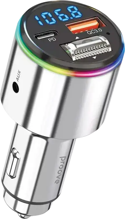 Transmitător FM Proove Power Drive Bluetooth 5.3 Modulator Auto, Încărcare Rapidă 30W USB-C și USB-A, Carcasă Metalică, Ecran TFT LCD Color, Hands-Free