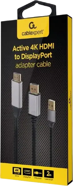 Cablexpert A-HDMIM-DPM-01 Active Adapter Cable HDMI Male to DisplayPort Male 4K@60Hz with USB Power, Gold-plated Connectors, Black, 2m