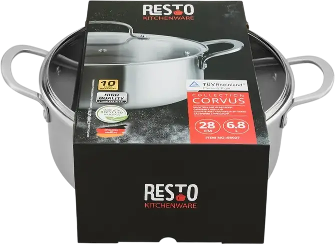 RESTO Corvus 95027 Tri-Ply Stainless Steel Casserole with Glass Lid, 7.3L, 28cm Diameter, Induction Compatible, BPA-Free, Dishwasher Safe