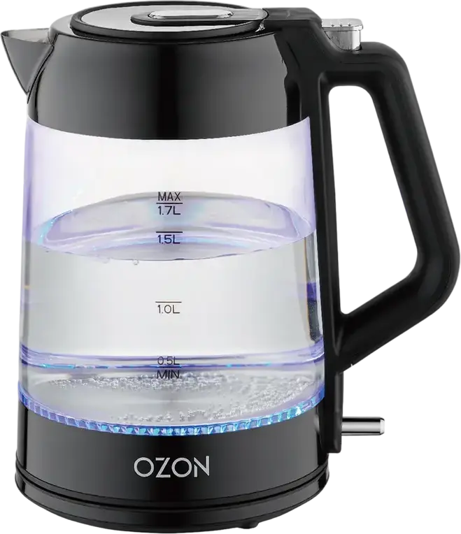 Fierbător electric din sticlă OZON EKC-1705A-GS, 1.7L, 2200W, Inox și Plastic, Iluminare LED, Protecție Against Fierberea Uscată, Bază 360 grade, Negru