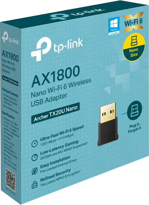 Adaptor Wireless USB TP-Link Archer TX20U Nano AX1800 Wi-Fi 6 Dual-Band, Viteza pana la 1801 Mbps, MU-MIMO, OFDMA, Criptare WPA3, Design Nano, Windows 10/11