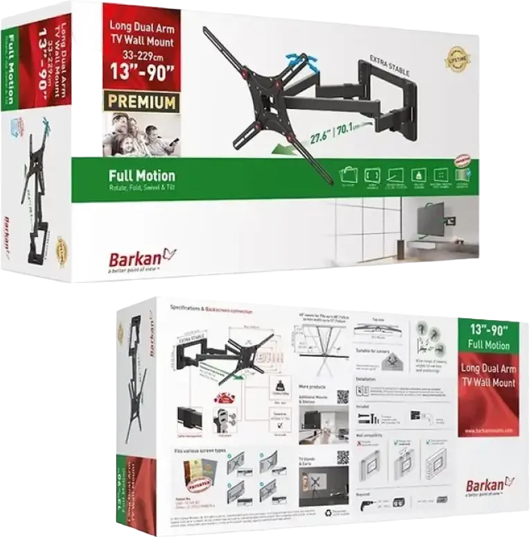 Кронштейн для ТВ Barkan BM466XP Full Motion Extra Long, поворотный и наклонный для экранов 13"-90", VESA до 600x400мм, макс. нагрузка 60кг, черный металл