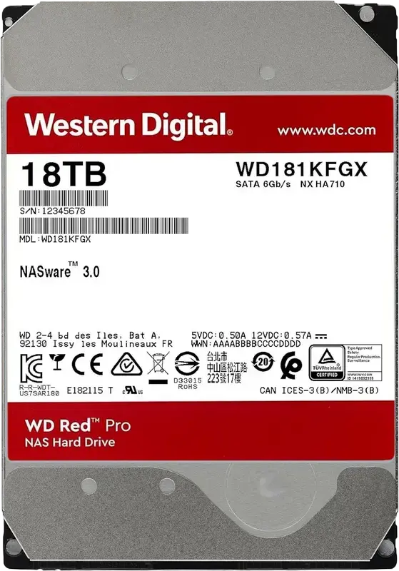 Western Digital WD Red Pro 18TB NAS Hard Drive WD181KFGX, 3.5-inch SATA 6Gb/s, 7200 RPM, 512MB Cache, CMR, RAID-Optimized for NAS Systems