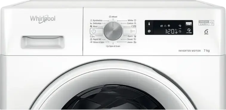 Whirlpool FFS 7469 W EE Front-Load Washing Machine, 7 kg Capacity, Inverter Motor, 6th Sense Technology, 1400 rpm Spin Speed, Energy Class A, White