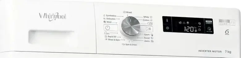 Whirlpool FFS 7469 W EE Front-Load Washing Machine, 7 kg Capacity, Inverter Motor, 6th Sense Technology, 1400 rpm Spin Speed, Energy Class A, White