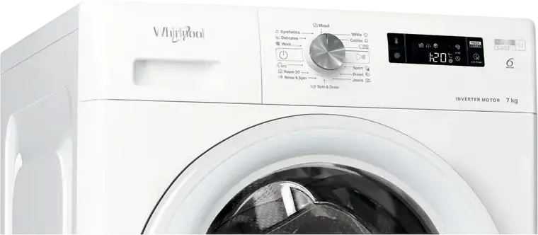 Whirlpool FFS 7469 W EE Front-Load Washing Machine, 7 kg Capacity, Inverter Motor, 6th Sense Technology, 1400 rpm Spin Speed, Energy Class A, White