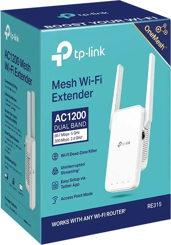 Extensor de Semnal Wi-Fi TP-Link RE315 AC1200 Mesh, Dual Band 2.4GHz/5GHz pana la 1167Mbps, Suport OneMesh, Mod Access Point, 2 Antene Externe, Alb