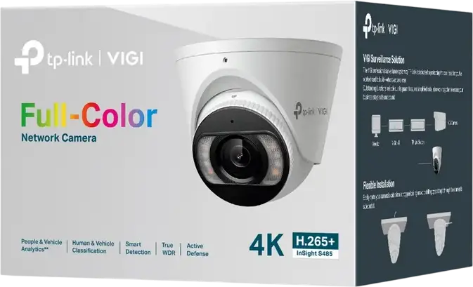 TP-Link VIGI InSight S485 8MP IP Turret Network Camera, 4K Resolution, 2.8mm Lens, Full-Color Night Vision, Two-Way Audio, IP67 Weatherproof, PoE, White