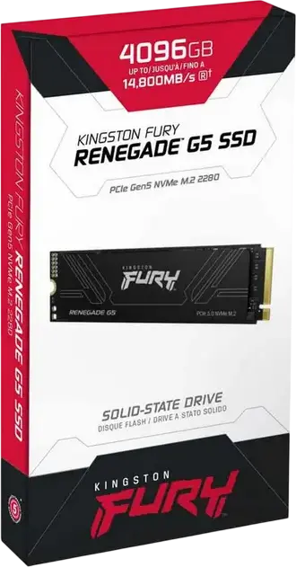 SSD Kingston FURY Renegade G5 SFYR2S/4T0 4TB M.2 2280 NVMe PCIe 5.0 x4, скорость чтения до 14,800 МБ/с, записи до 14,000 МБ/с, 3D TLC NAND, DirectStorage