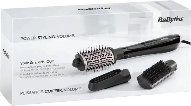 Perie Uscator de Par BaByliss AS128E Style Smooth 1000, Putere 1000W, Ceramica si Ionizare, Set cu Capete Interschimbabile si Functie Cool Shot