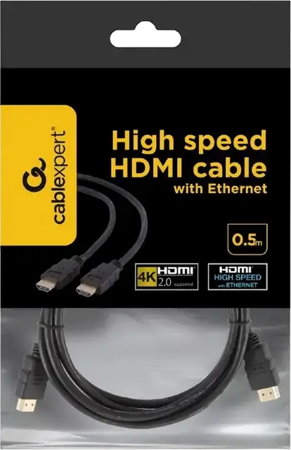 Cablexpert CC-HDMI4-0.5M High Speed HDMI 2.0 Cable, 4K UHD @ 60Hz, 18Gbps, Gold-Plated, Triple Shielded, HDR, Ethernet, 0.5m, Black