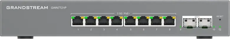 Управляемый PoE-коммутатор Grandstream GWN7721P Layer 2 Lite, 8 портов 2.5G Ethernet, 2 порта 10G SFP+, IEEE 802.3af/at, изоляция VLAN, QoS, для установки в стойку