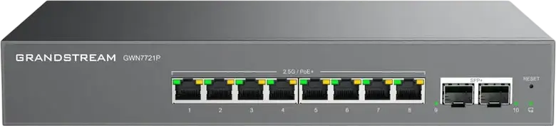 Управляемый PoE-коммутатор Grandstream GWN7721P Layer 2 Lite, 8 портов 2.5G Ethernet, 2 порта 10G SFP+, IEEE 802.3af/at, изоляция VLAN, QoS, для установки в стойку