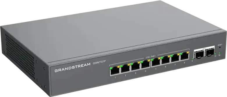 Управляемый PoE-коммутатор Grandstream GWN7721P Layer 2 Lite, 8 портов 2.5G Ethernet, 2 порта 10G SFP+, IEEE 802.3af/at, изоляция VLAN, QoS, для установки в стойку