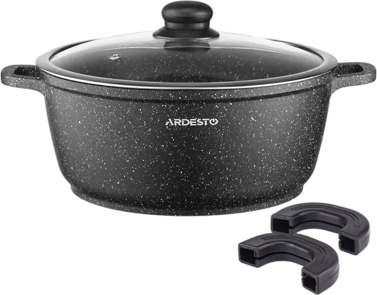 Ardesto AR2430GE Gemini Anzio Cast Aluminum Casserole Pot with Glass Lid, 3.1L, 22cm, Non-Stick Marble Coating, Induction Compatible, Black