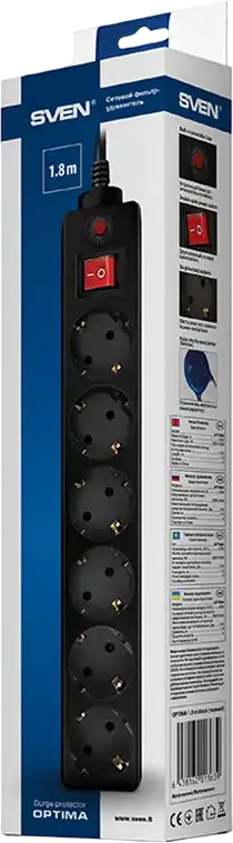 SVEN Optima Surge Protector Power Strip, 6 Sockets Schuko EU, 5m Cable, 2300W Max Load, Varistor Overvoltage Protection, LED Switch, Black
