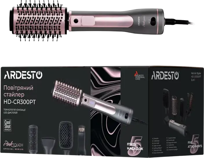 Perie Styling Ardesto HD-CR300PT Pink Touch cu Aer Cald, Uscător de Păr 1200W, Ionizare, Funcție Cool Shot, Display LED, 5 Accesorii, Cablu Rotiu 360°