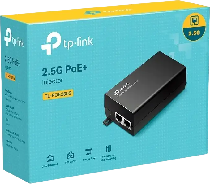 TP-Link TL-POE260S 2.5G PoE+ Injector, 2.5 Gbps Data Rate, IEEE 802.3af/at Standards, 30W Power, 100m Max Distance, Plug & Play, Black