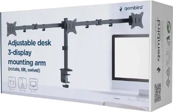 Gembird MA-D3-01 Triple Monitor Desk Mount Arm, Adjustable 3-Display Bracket for 17-27 inch Screens, VESA 75x75 100x100, 7kg Capacity, Black