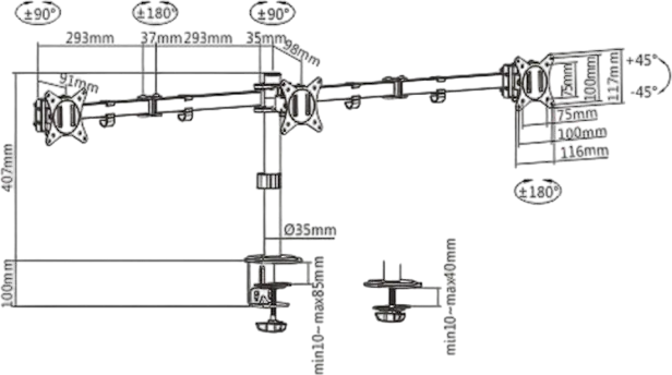 Gembird MA-D3-01 Triple Monitor Desk Mount Arm, Adjustable 3-Display Bracket for 17-27 inch Screens, VESA 75x75 100x100, 7kg Capacity, Black