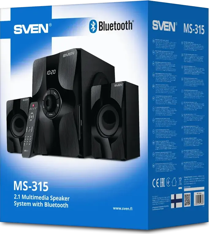 SVEN MS-315 2.1 Multimedia Speaker System, 46W RMS, Bluetooth, USB, AUX, FM Radio, MDF Wooden Subwoofer, LED Display, Remote Control, Black