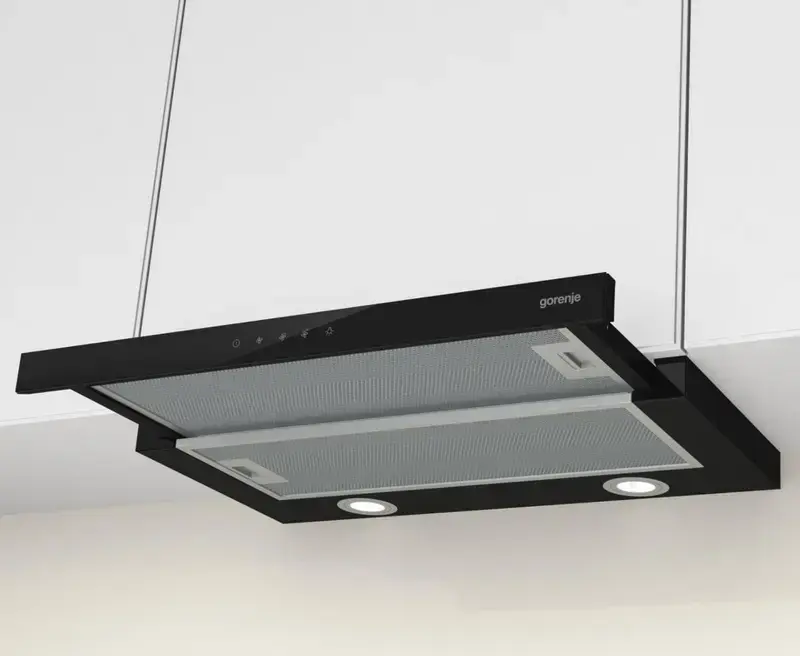Gorenje TH64E3BG Built-in Telescopic Hood, Black, 350 m3/h, Touch Control, LED Display, Extraction and Recirculation, 60 cm, Metal and Glass