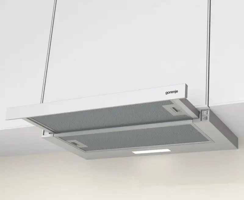 Gorenje TH 60E3W Built-in Telescopic Kitchen Hood, White, 60cm, 350 m³/h Extraction/Recirculation, 3 Speed Settings, LED Lighting, Aluminum Filters