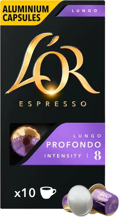 Capsule Cafea L'OR Espresso Lungo Profondo pentru Nespresso Original, Intensitate 8, Note de Ciocolată Neagră și Migdale Prăjite, Set de 10 capsule, 52g