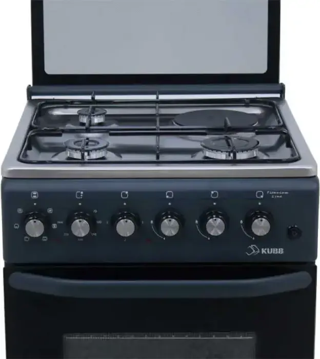 Aragaz Mixt KUBB TD1311MGLsK3 cu 4 Zone de Gatire Gaz si Electrice, Cuptor Electric 52L Clasa A, Blat Inox, Negru, Dimensiuni 50x50x85 cm