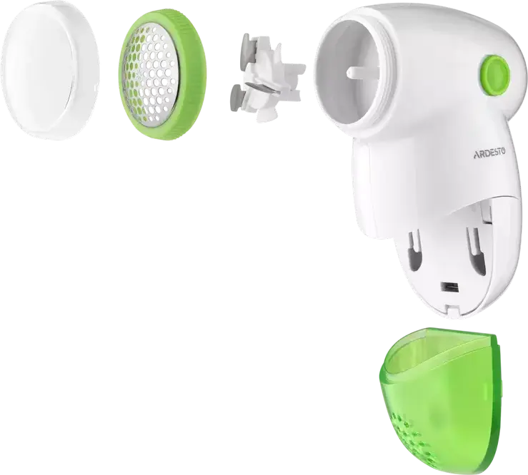 Ardesto LSH-ZH1 Lint Remover Shaver, 3-Blade Stainless Steel System, Protective Metal Mesh, Removable Container, Battery Powered, White/Green