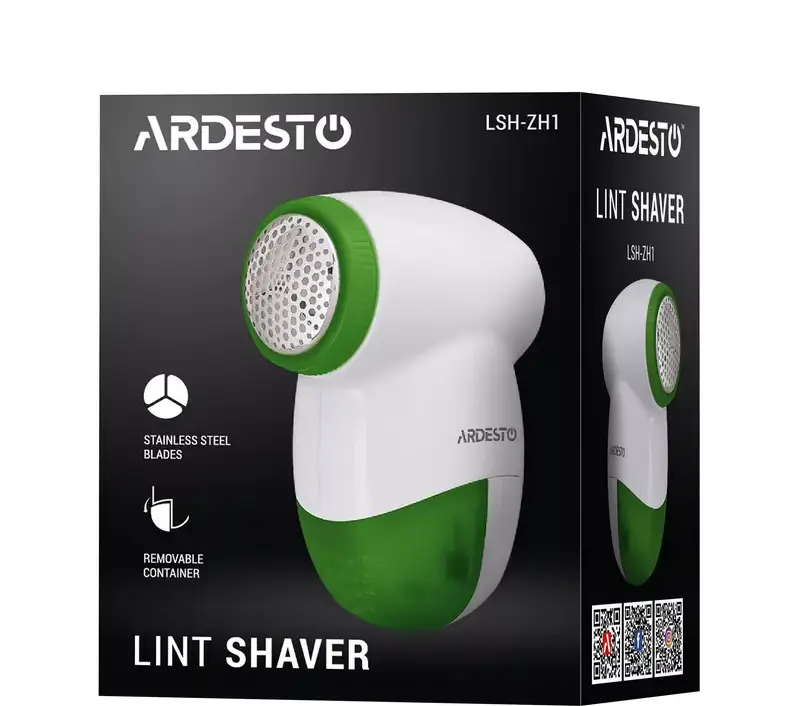 Ardesto LSH-ZH1 Lint Remover Shaver, 3-Blade Stainless Steel System, Protective Metal Mesh, Removable Container, Battery Powered, White/Green
