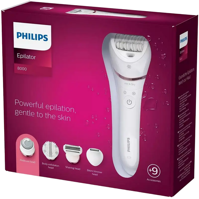 Epilator Philips BRE740/10 Series 8000 Wet & Dry, 32 Pense Ceramic Hipoalergene, Cap Extra-Lat, Lumina Opti-light, cu 6 Accesorii, Alb