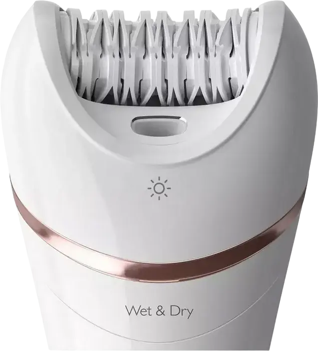 Epilator Philips BRE740/10 Series 8000 Wet & Dry, 32 Pense Ceramic Hipoalergene, Cap Extra-Lat, Lumina Opti-light, cu 6 Accesorii, Alb