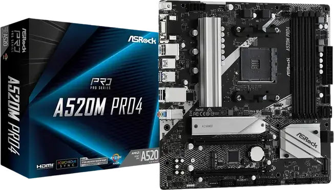 ASRock A520M PRO4 Micro-ATX Motherboard, AMD AM4 Socket, A520 Chipset, DDR4 4733MHz (OC), 128GB Max RAM, Dual M.2 PCIe Gen3, HDMI 2.1, DisplayPort 1.4