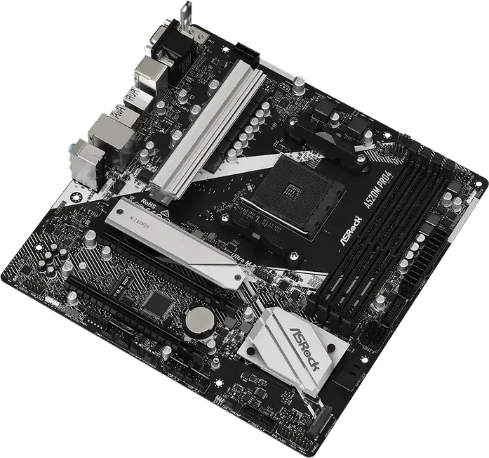 ASRock A520M PRO4 Micro-ATX Motherboard, AMD AM4 Socket, A520 Chipset, DDR4 4733MHz (OC), 128GB Max RAM, Dual M.2 PCIe Gen3, HDMI 2.1, DisplayPort 1.4