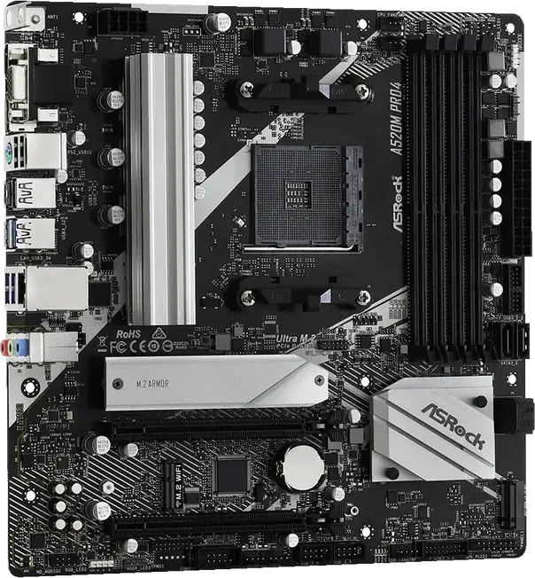 ASRock A520M PRO4 Micro-ATX Motherboard, AMD AM4 Socket, A520 Chipset, DDR4 4733MHz (OC), 128GB Max RAM, Dual M.2 PCIe Gen3, HDMI 2.1, DisplayPort 1.4