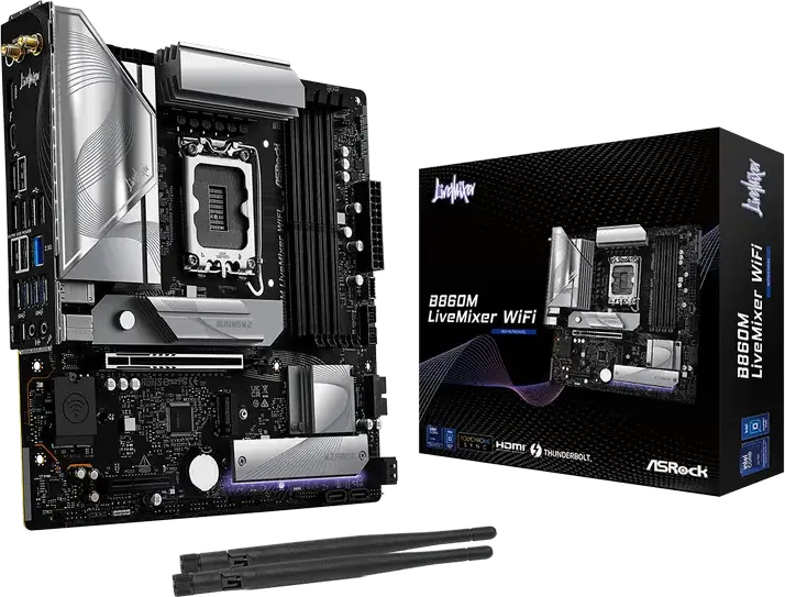 Материнская плата ASRock B860M LiveMixer WiFi Micro-ATX LGA1851 Intel B860, DDR5 8666+ МГц, PCIe 5.0, Blazing M.2 Gen5, Thunderbolt 4, Wi-Fi 6E, BT 5.3