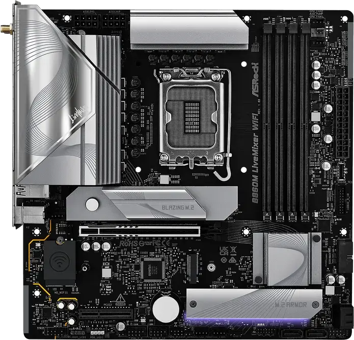 Материнская плата ASRock B860M LiveMixer WiFi Micro-ATX LGA1851 Intel B860, DDR5 8666+ МГц, PCIe 5.0, Blazing M.2 Gen5, Thunderbolt 4, Wi-Fi 6E, BT 5.3