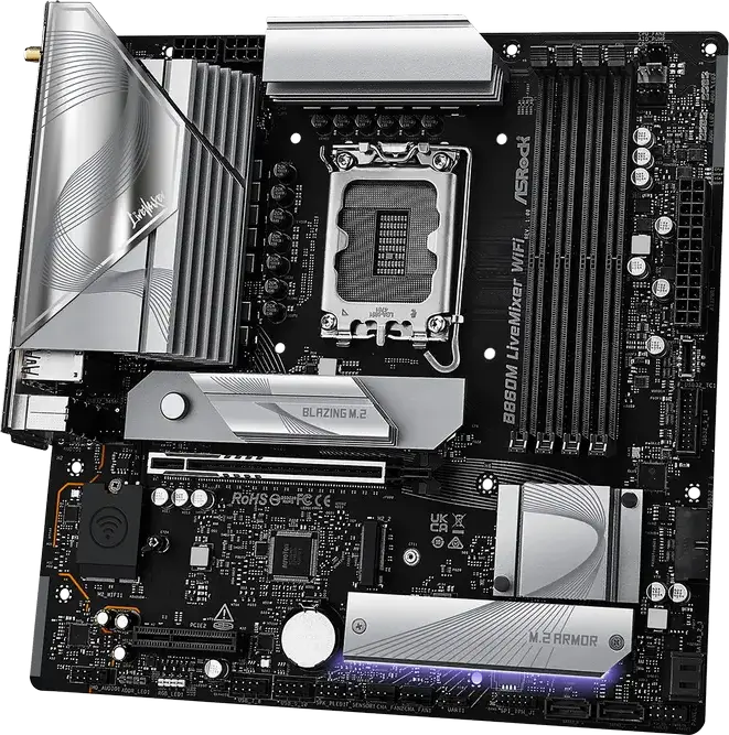 Материнская плата ASRock B860M LiveMixer WiFi Micro-ATX LGA1851 Intel B860, DDR5 8666+ МГц, PCIe 5.0, Blazing M.2 Gen5, Thunderbolt 4, Wi-Fi 6E, BT 5.3