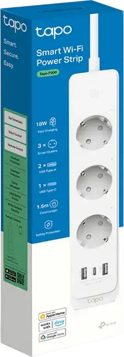 Prelungitor Inteligent Wi-Fi TP-Link Tapo P300, 3 Prize Smart Controlabile Individual, 3 Porturi USB (USB-C PD, 2x USB-A QC3.0), 2300W, Alexa/Google/Siri, Alb
