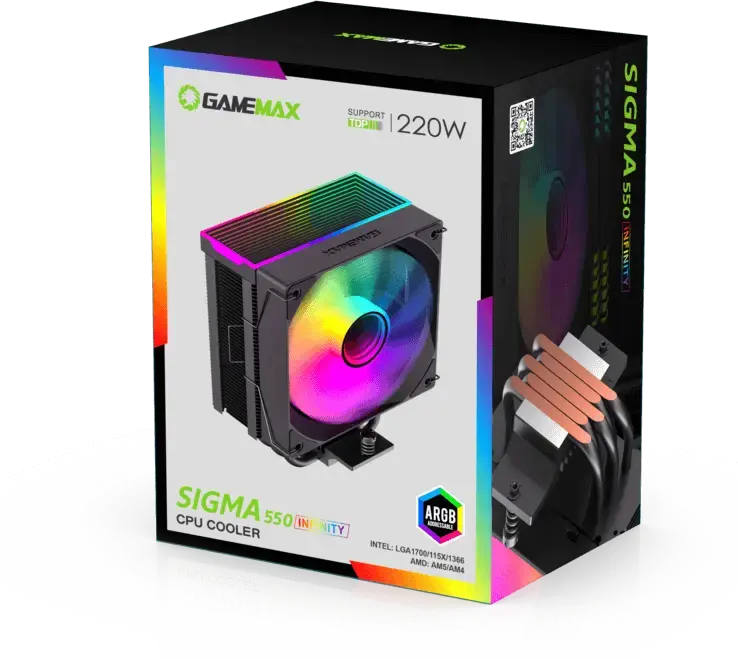 Gamemax Sigma 550 Infinity Tower CPU Air Cooler, 220W TDP, 5x6mm Heat Pipes, ARGB Infinity Lighting, 120mm PWM Fan, Compatible with Intel LGA1851/1700 and AMD AM5/AM4