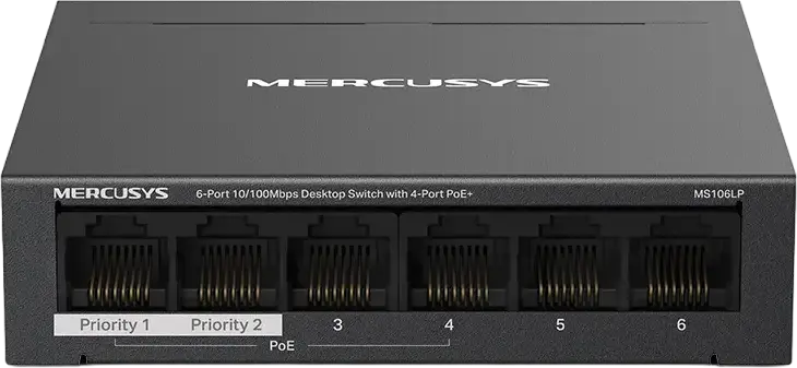 Mercusys MS106LP 6-Port 10/100Mbps Desktop Switch, 4 PoE+ Ports (802.3af/at), 40W Budget, 250m Extend Mode, Isolation Mode, Auto Recovery, Metal Case