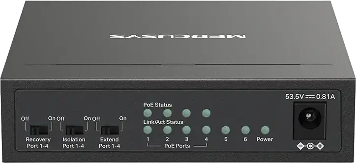 Mercusys MS106LP 6-Port 10/100Mbps Desktop Switch, 4 PoE+ Ports (802.3af/at), 40W Budget, 250m Extend Mode, Isolation Mode, Auto Recovery, Metal Case